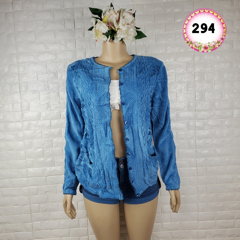 Jenny Small Blue Cardigan Sweater Lightweight Button Front Knit Top